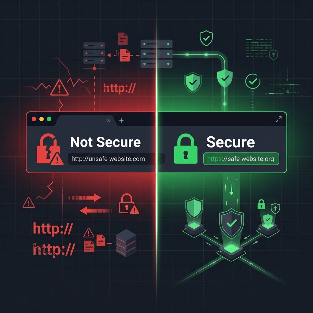 Browser showing Not Secure warning versus Secure HTTPS green padlock