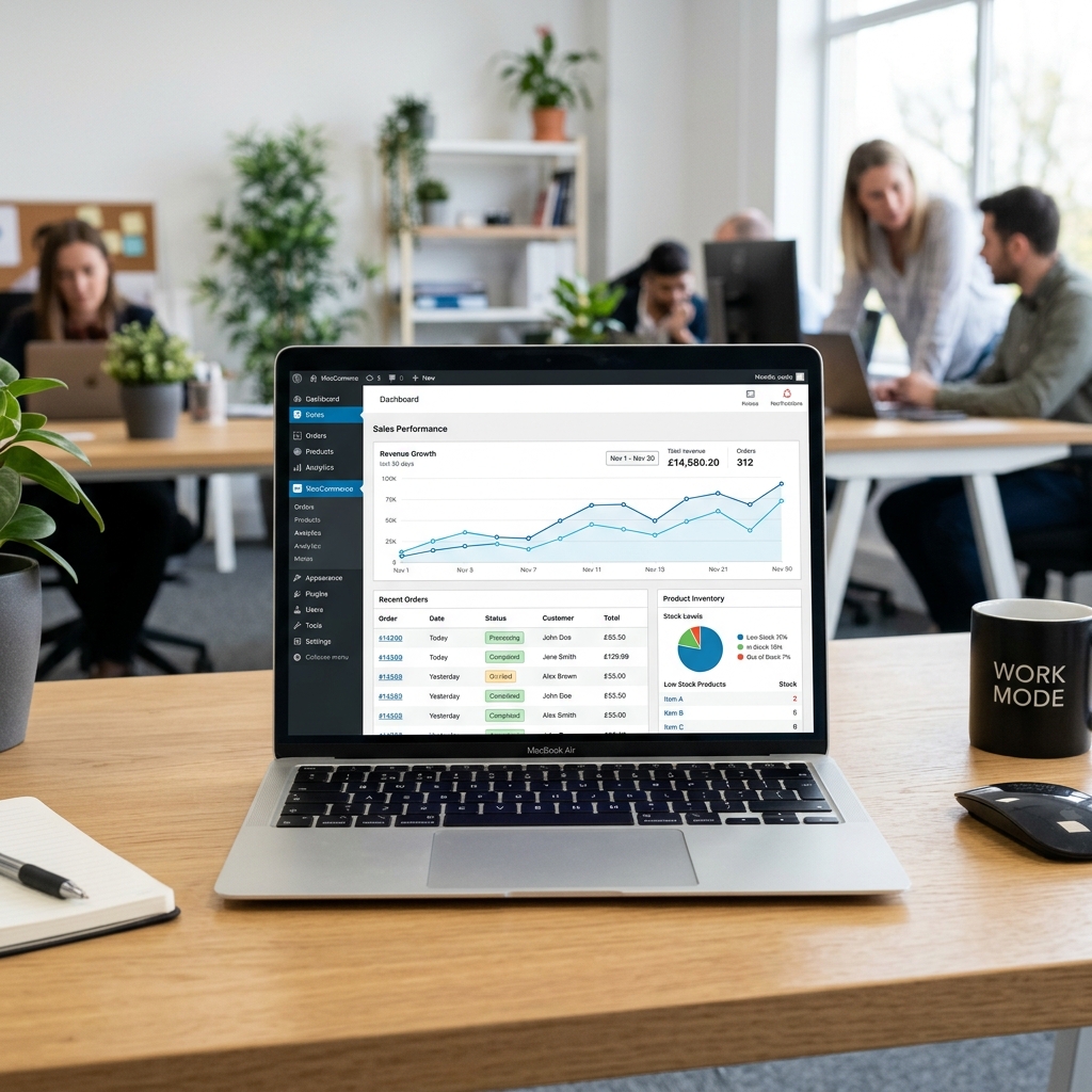 WooCommerce admin dashboard showing sales analytics